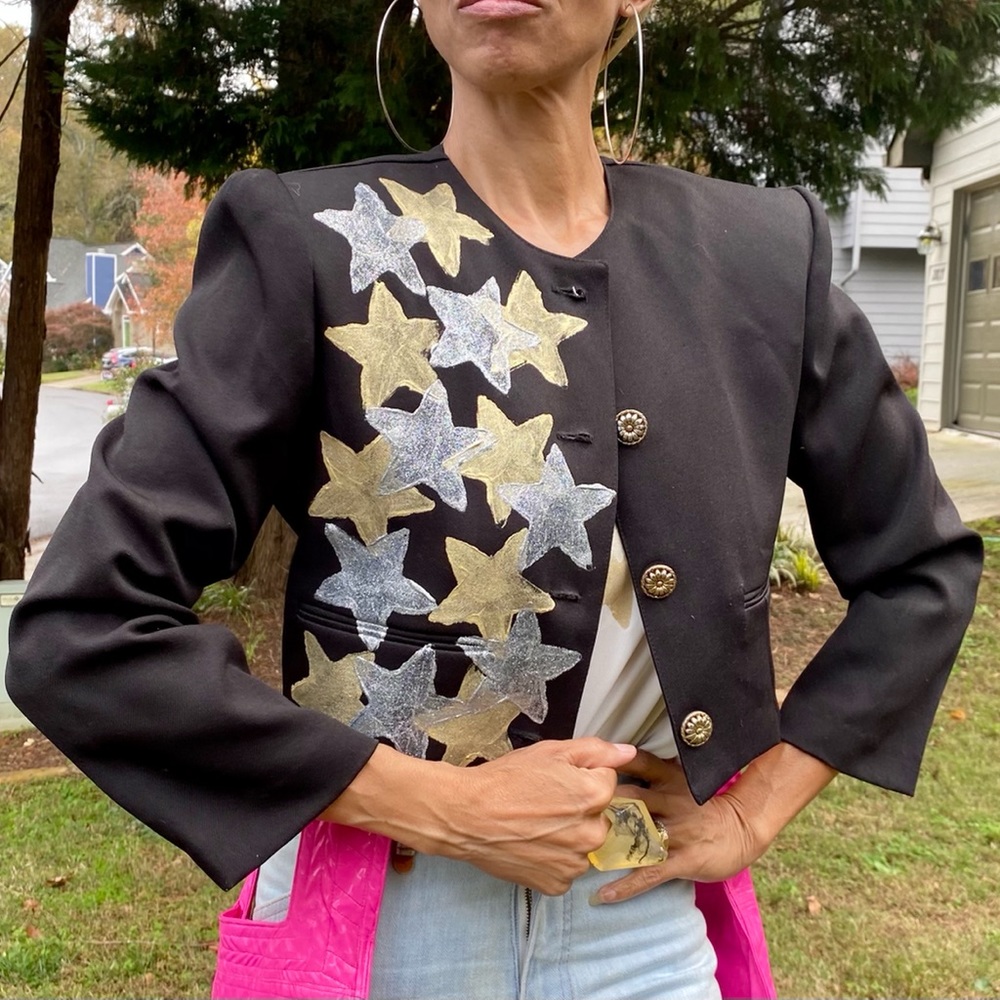 OOAK handpainted stars black crop bolero jacket M